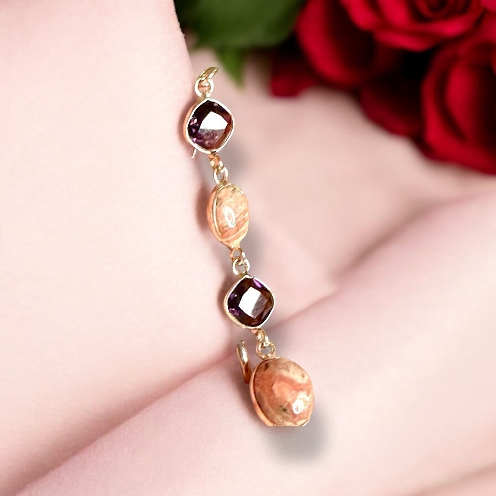 Handmade Amethyst and Rhodochrosite Dangle Earrings S925 Sterling Silver - Picture 6 of 10